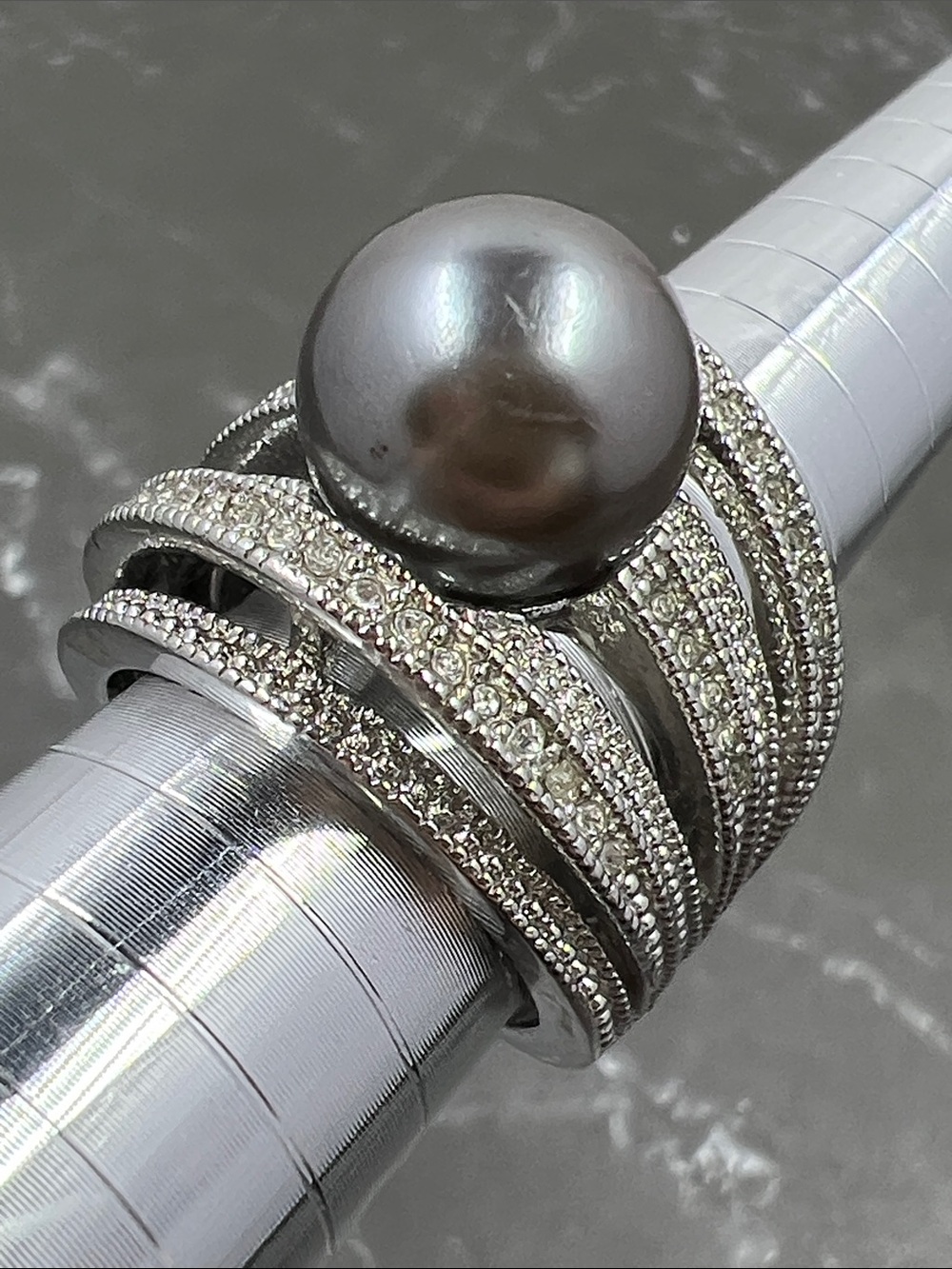 NVC Nataliya V Collister 925 Sterling CZ Pave Black Pearl Cocktail Ring
